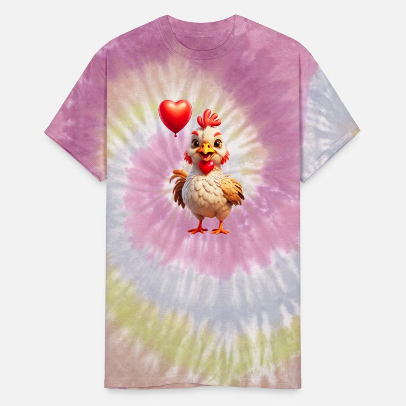 Adorable chicken with heart shaped balloon.