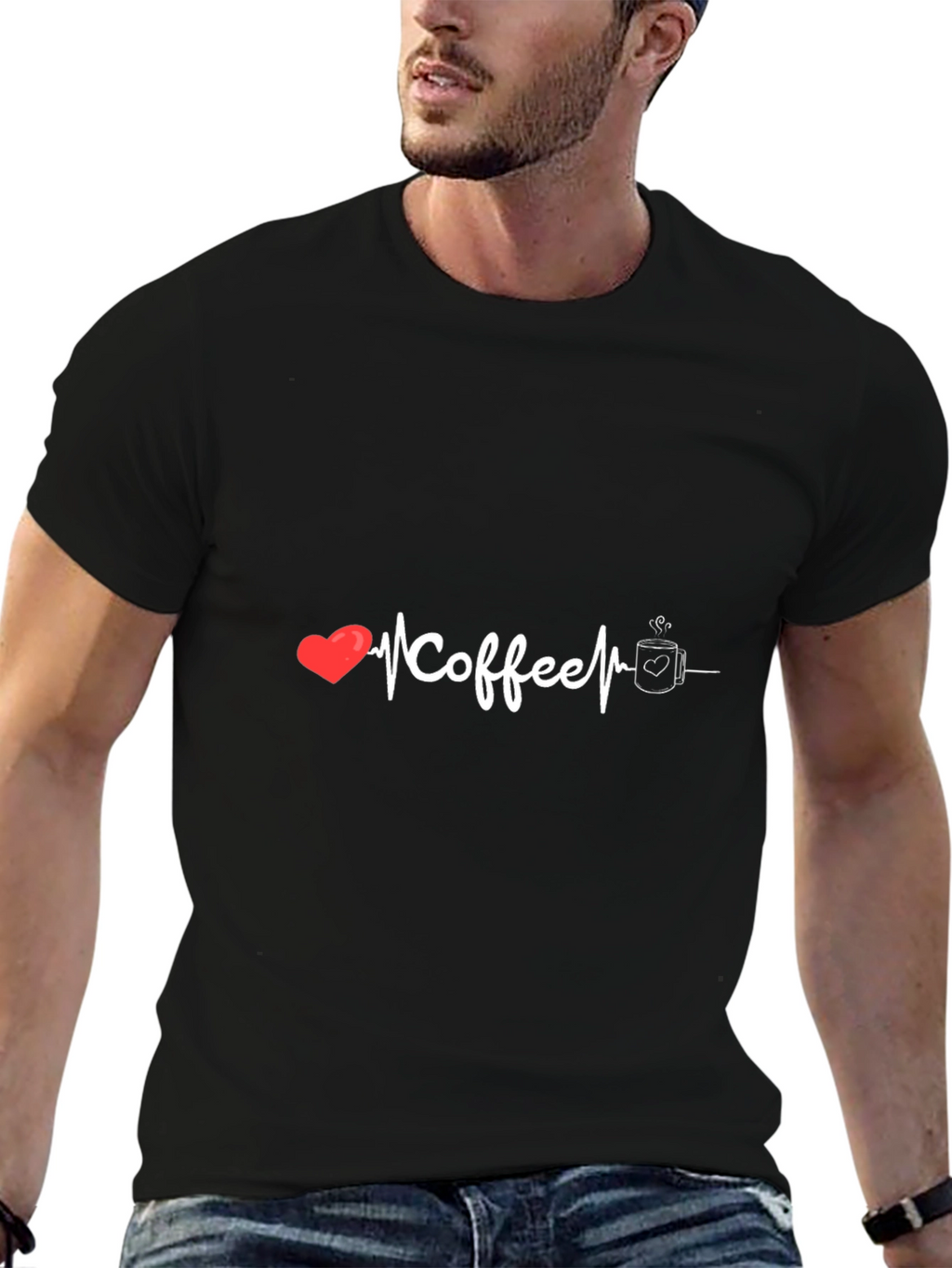 Coffee Heartbeat Graphic Tee - Black Cotton T-Shirt
