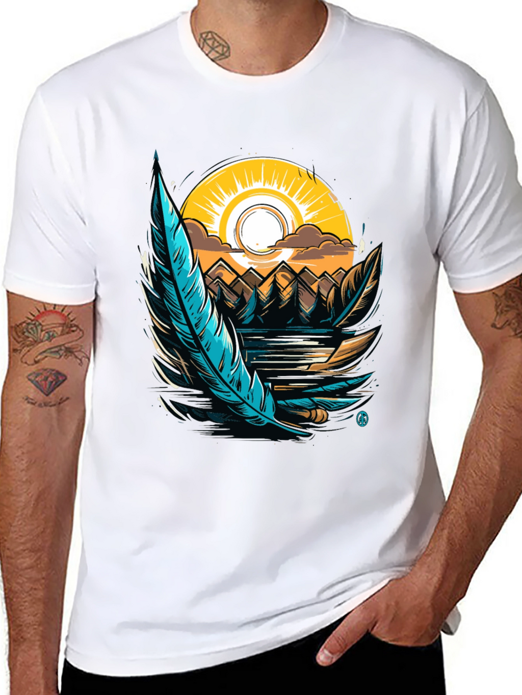 Nature Graphic Tee: Feather Sunset Design