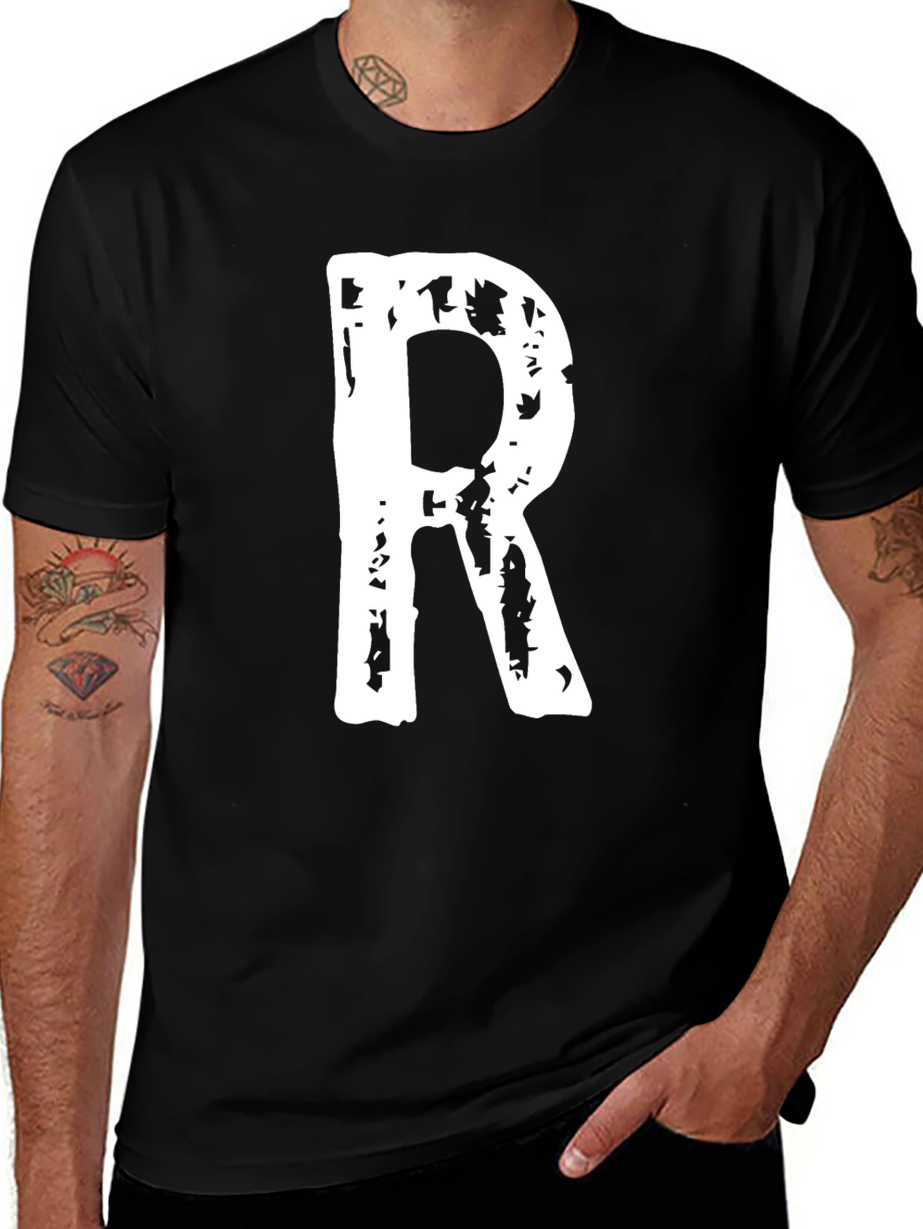Black T-Shirt with White Letter R Print