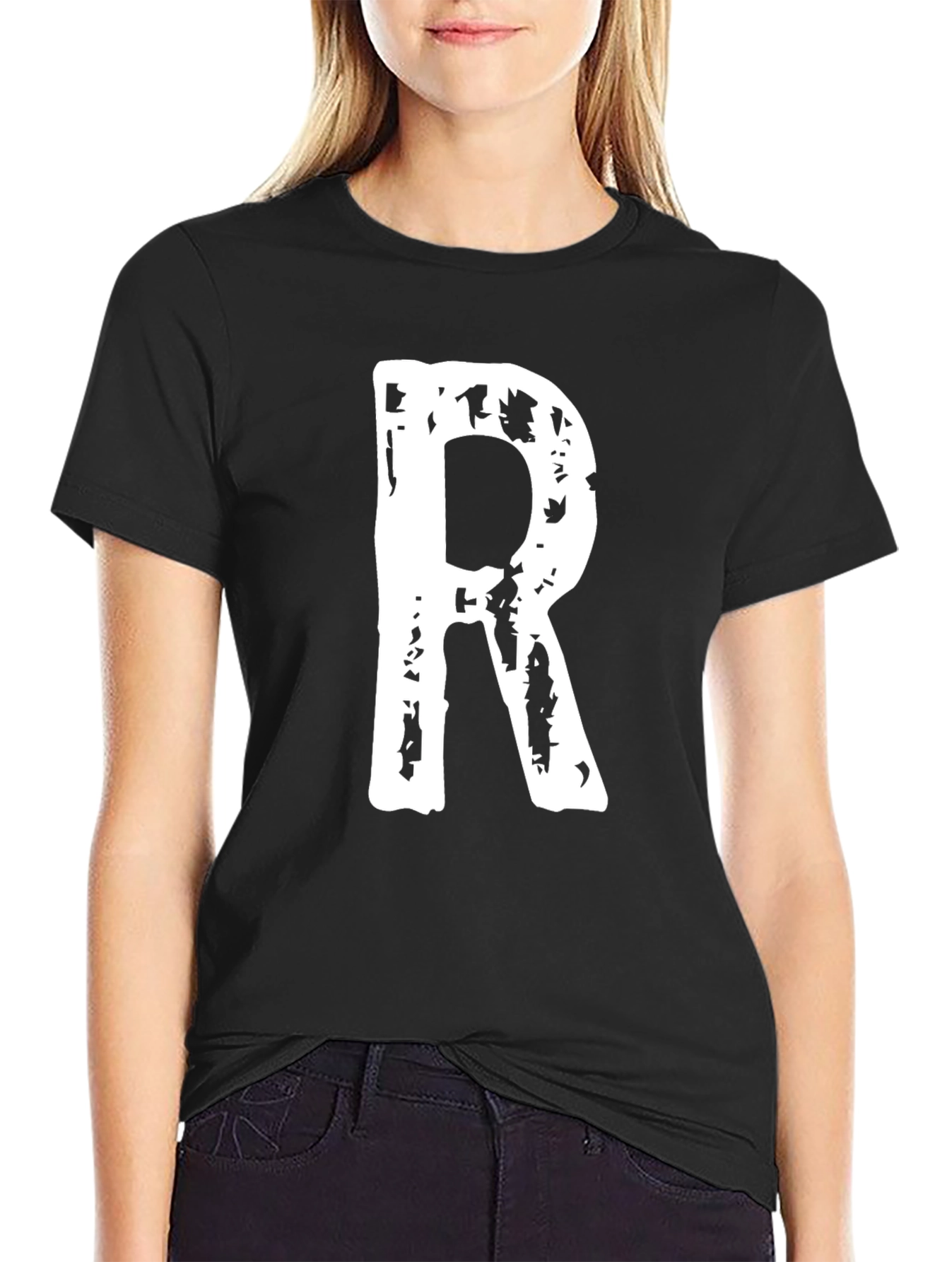 Black T-Shirt with White Letter R Print