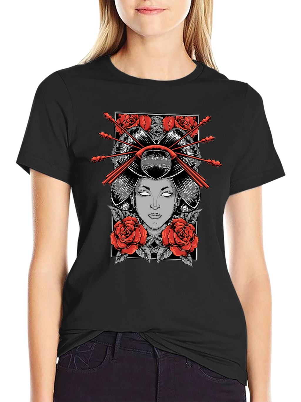 Geisha Graphic Print Black T-Shirt