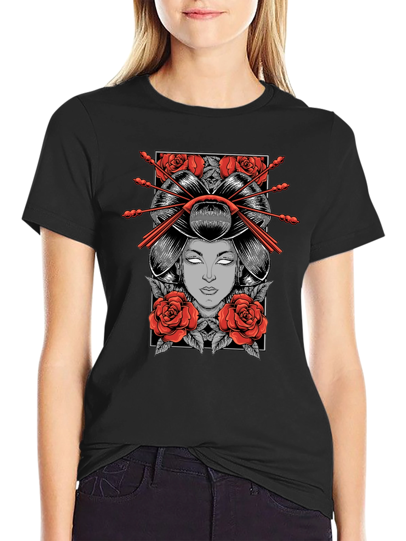 Geisha Graphic Print Black T-Shirt
