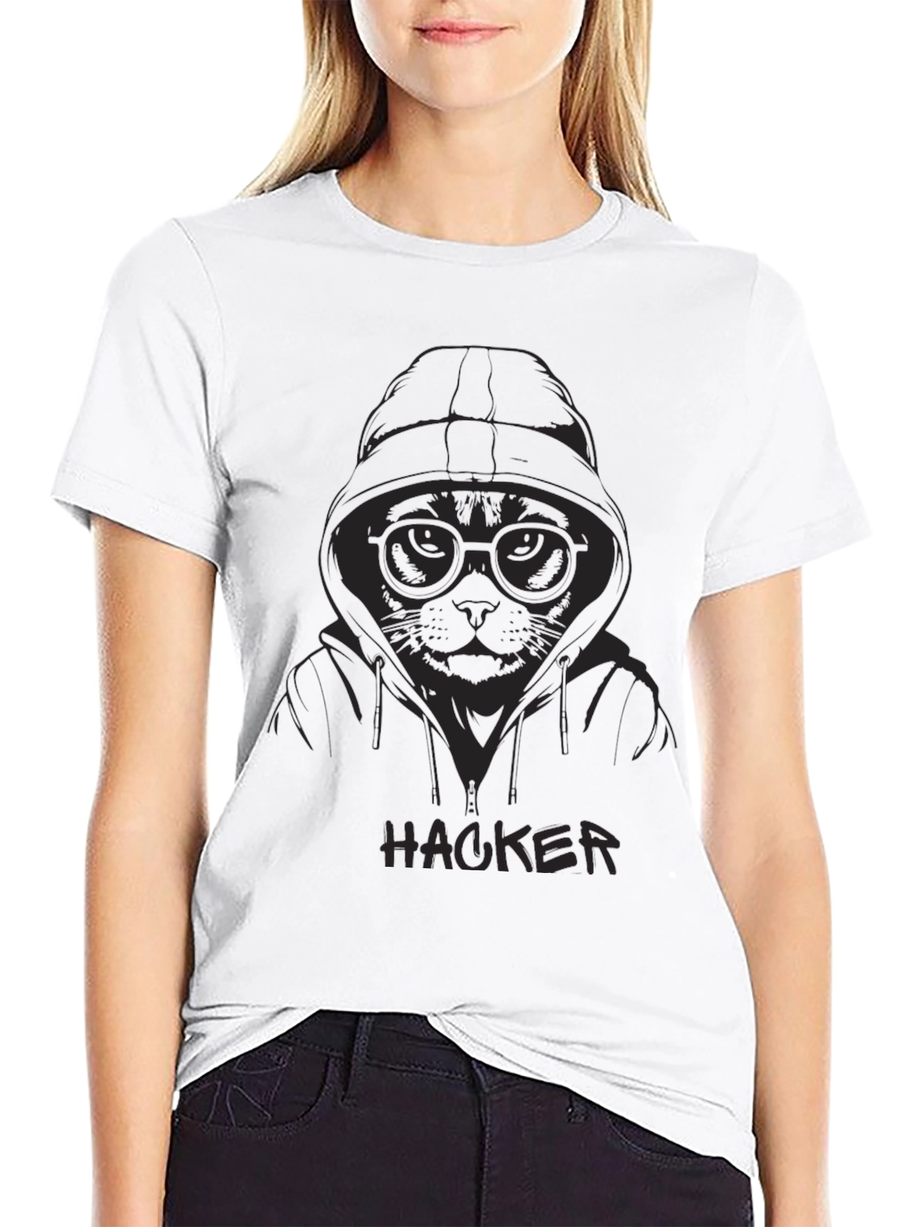 Hacker Cat Graphic T-Shirt - Black Cotton Tee