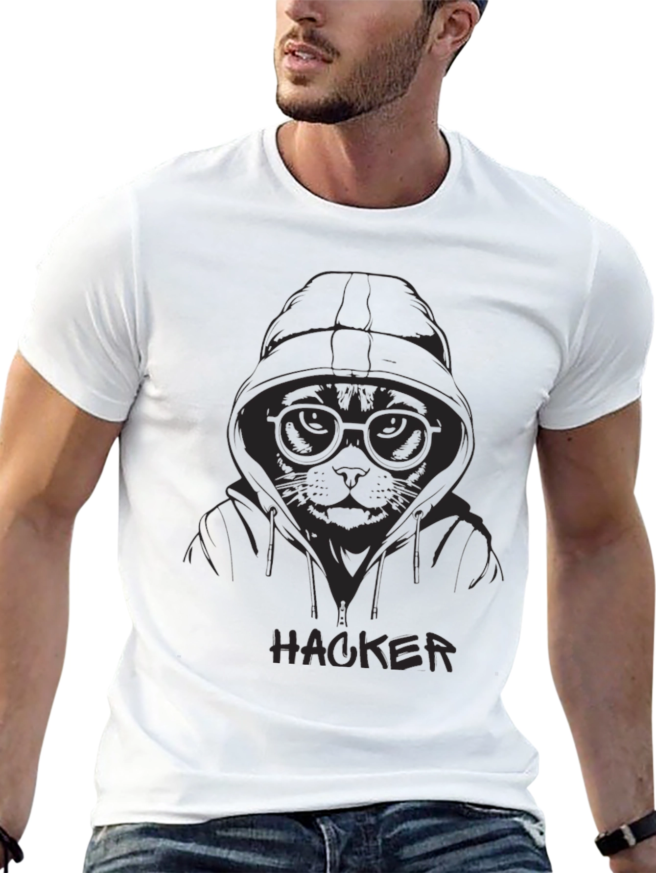 Hacker Cat Graphic T-Shirt - Black Cotton Tee