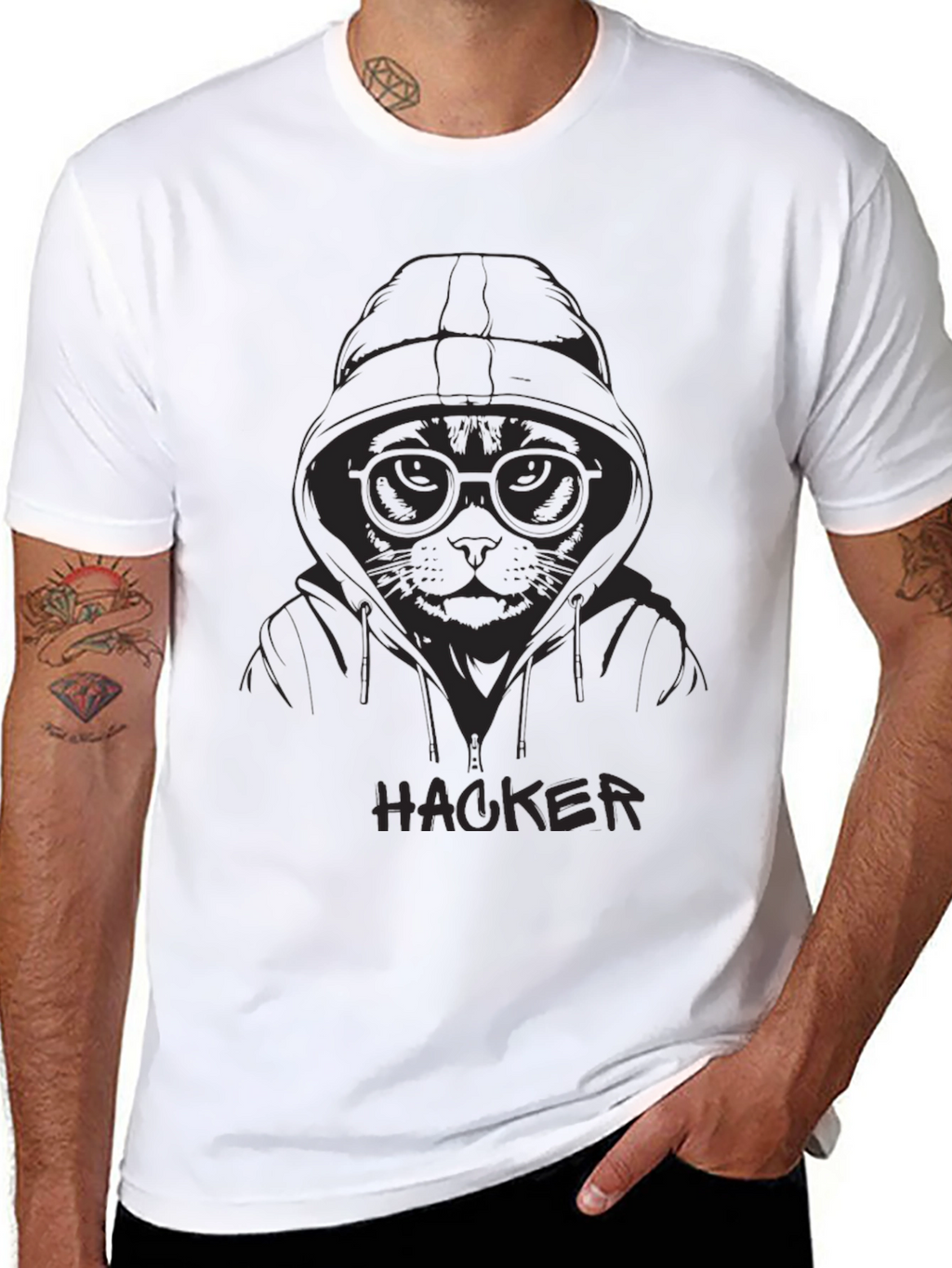 Hacker Cat Graphic T-Shirt - Black Cotton Tee