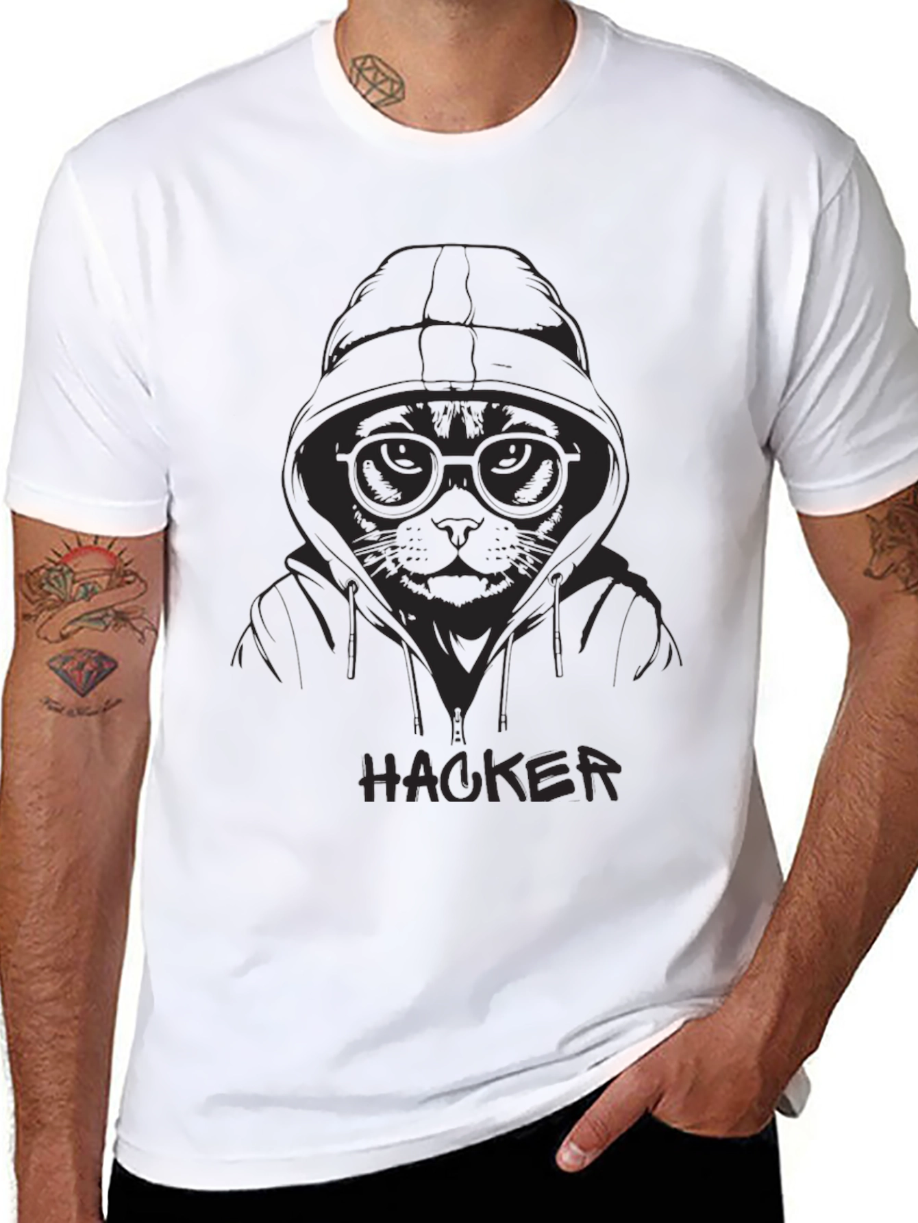 Hacker Cat Graphic T-Shirt - Black Cotton Tee