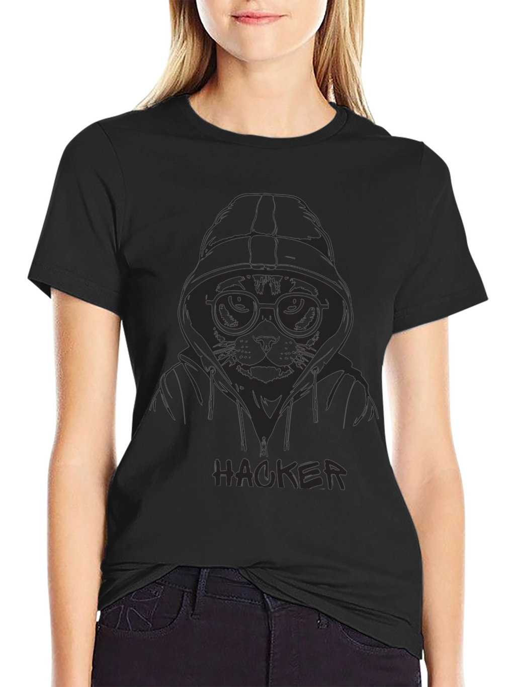 Hacker Cat Graphic T-Shirt - Black Cotton Tee