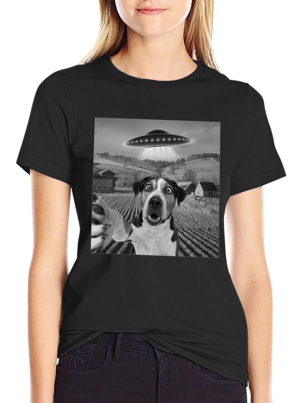 UFO Dog Selfie T-Shirt - Black Graphic Tee