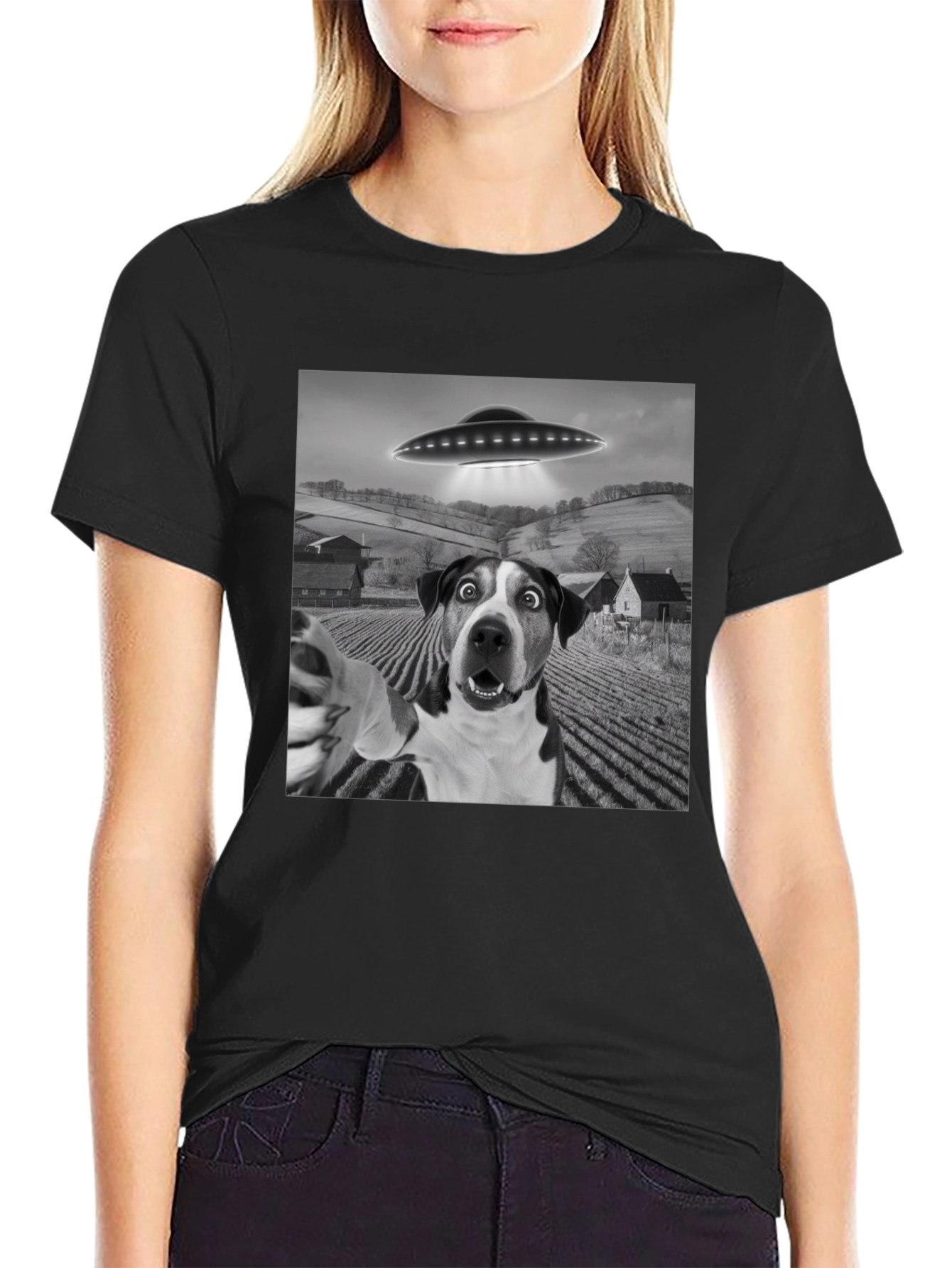 UFO Dog Selfie T-Shirt - Black Graphic Tee