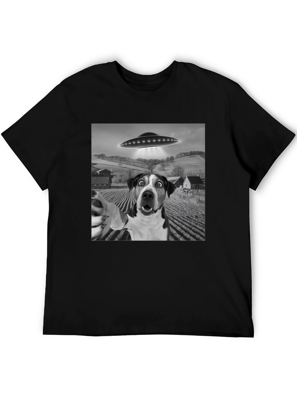 UFO Dog Selfie T-Shirt - Black Graphic Tee