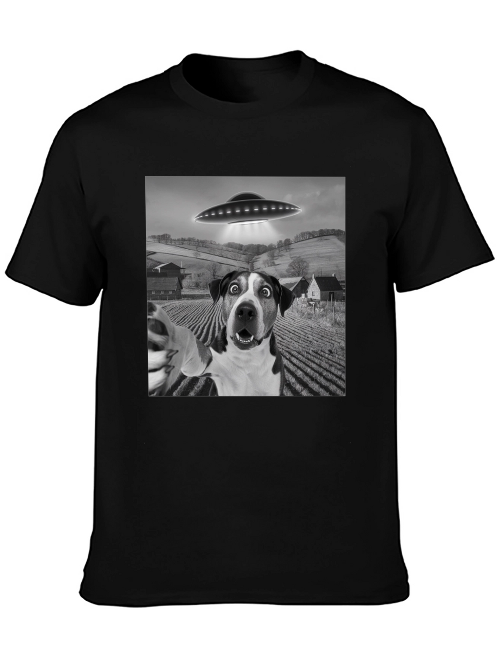 UFO Dog Selfie T-Shirt - Black Graphic Tee