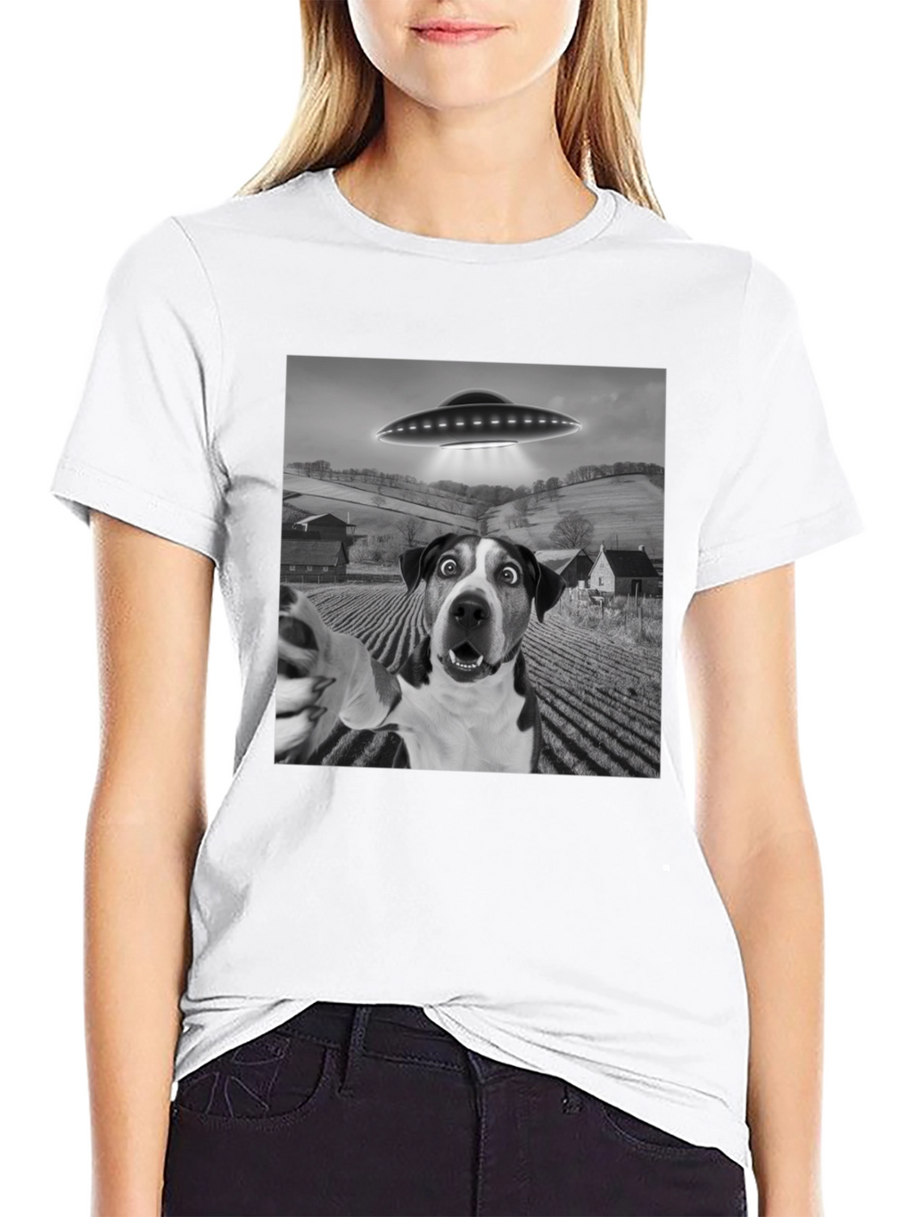 UFO Dog Selfie T-Shirt - Black Graphic Tee