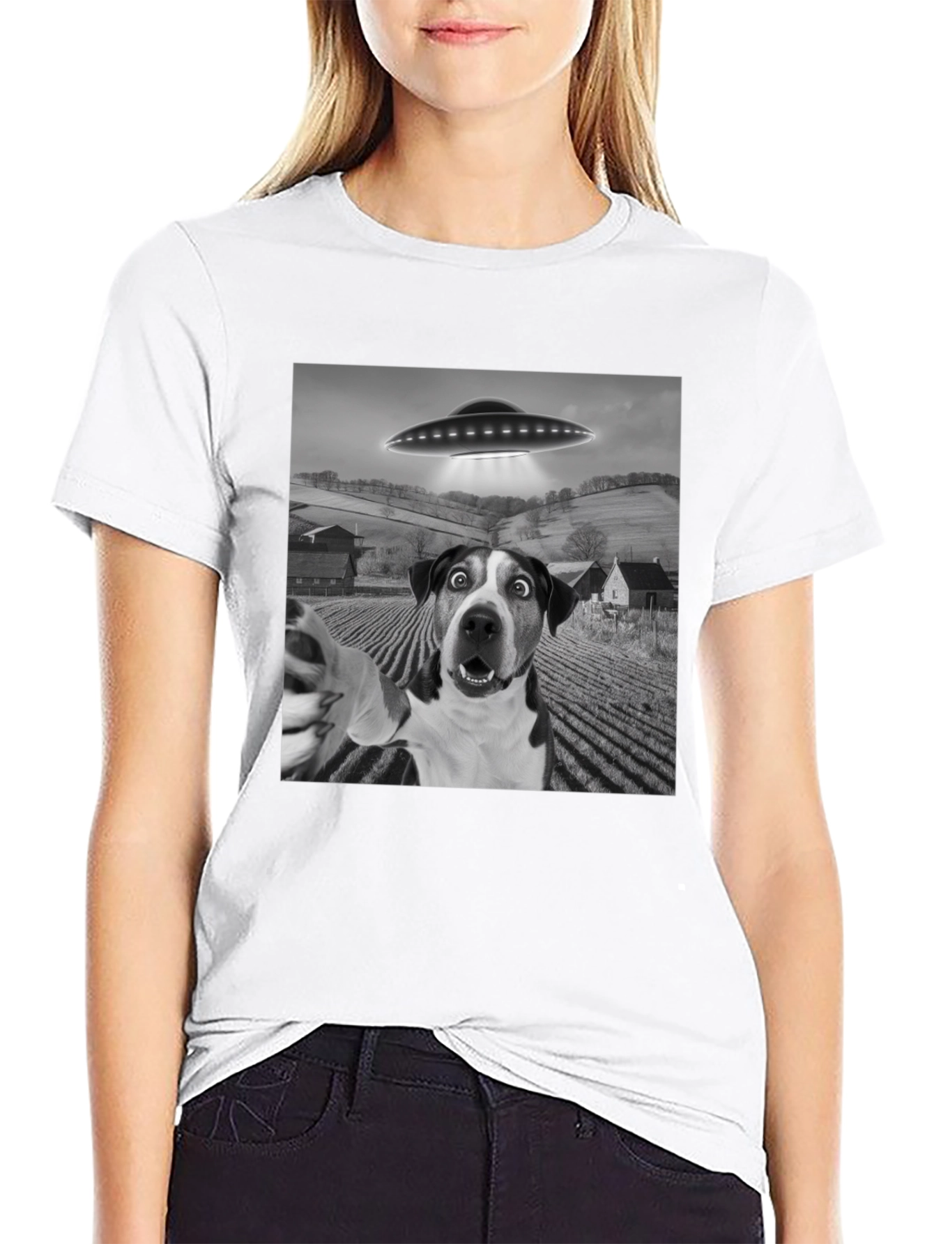 UFO Dog Selfie T-Shirt - Black Graphic Tee