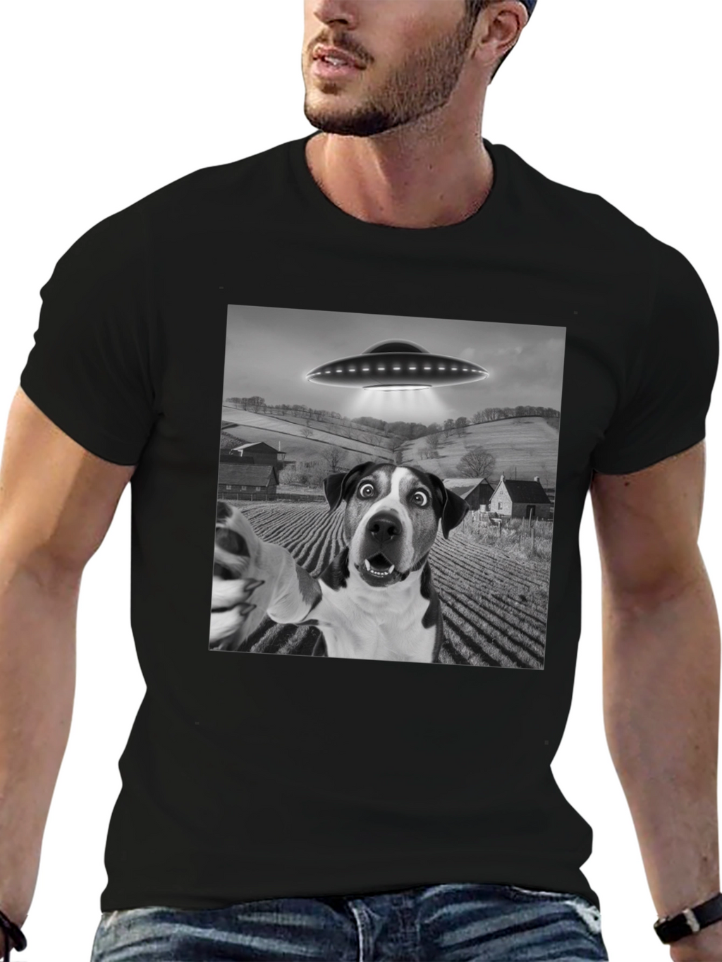 UFO Dog Selfie T-Shirt - Black Graphic Tee