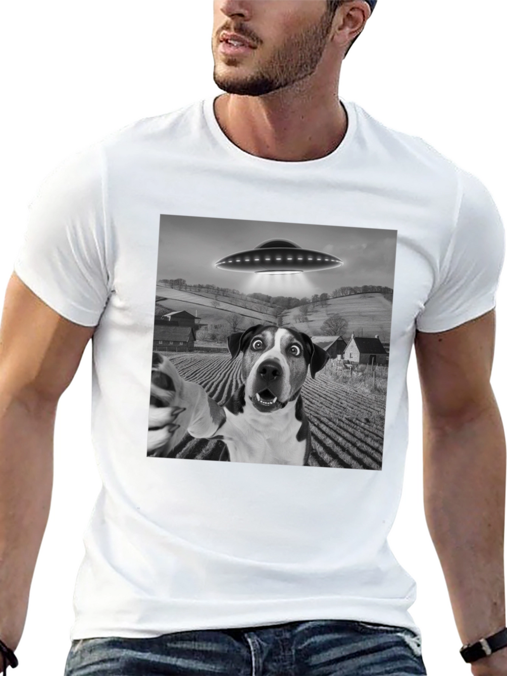 UFO Dog Selfie T-Shirt - Black Graphic Tee
