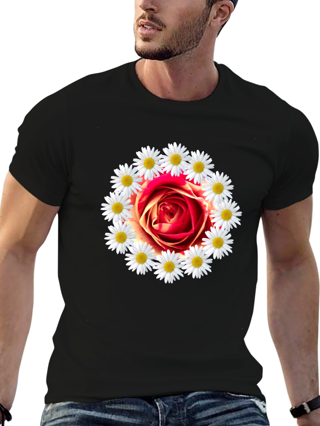 Rose and Daisy Graphic Tee - Black Cotton T-Shirt