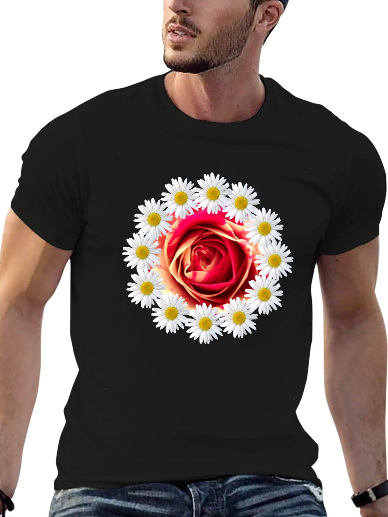 Rose and Daisy Graphic Tee - Black Cotton T-Shirt
