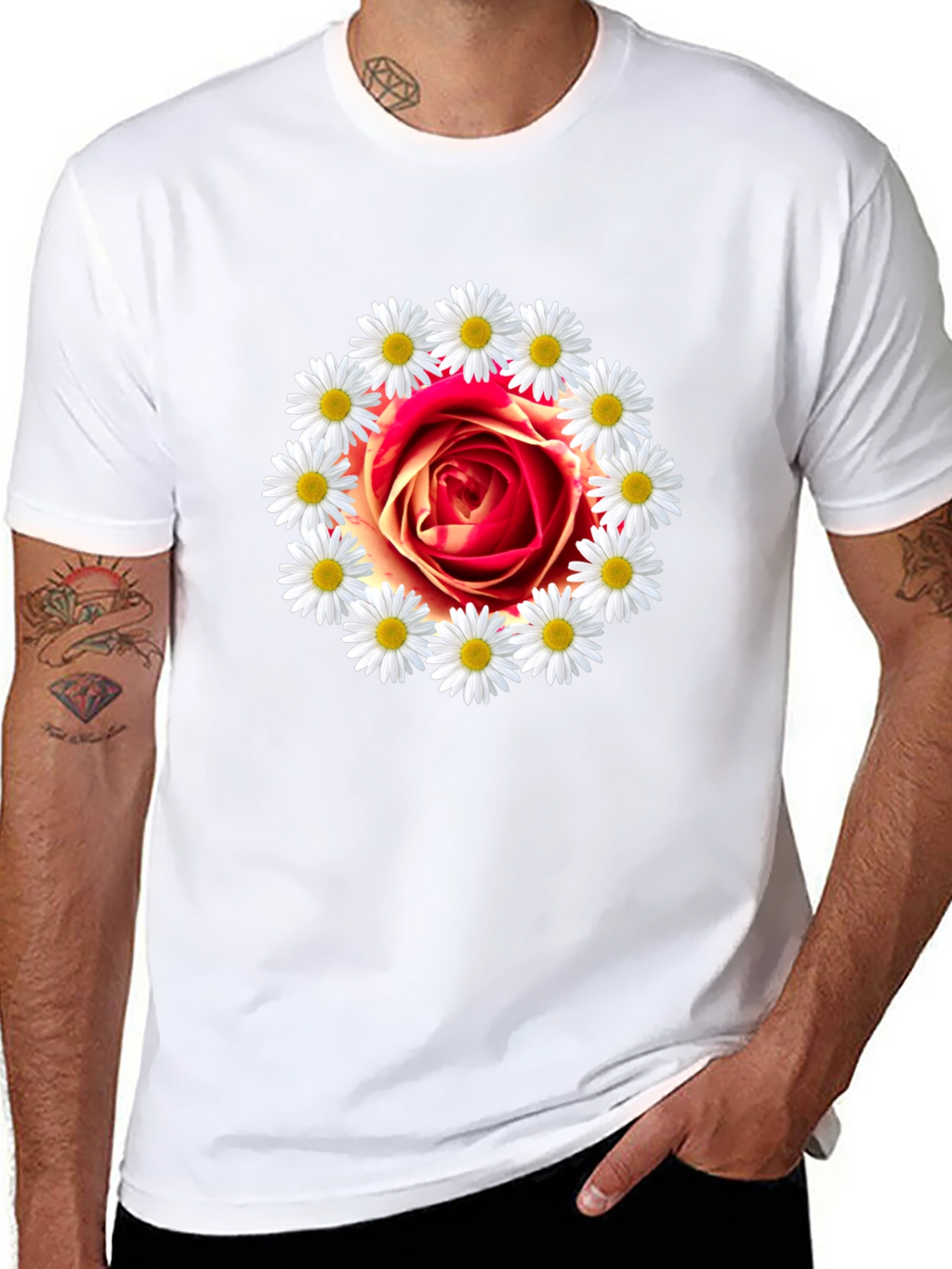 Rose and Daisy Graphic Tee - Black Cotton T-Shirt