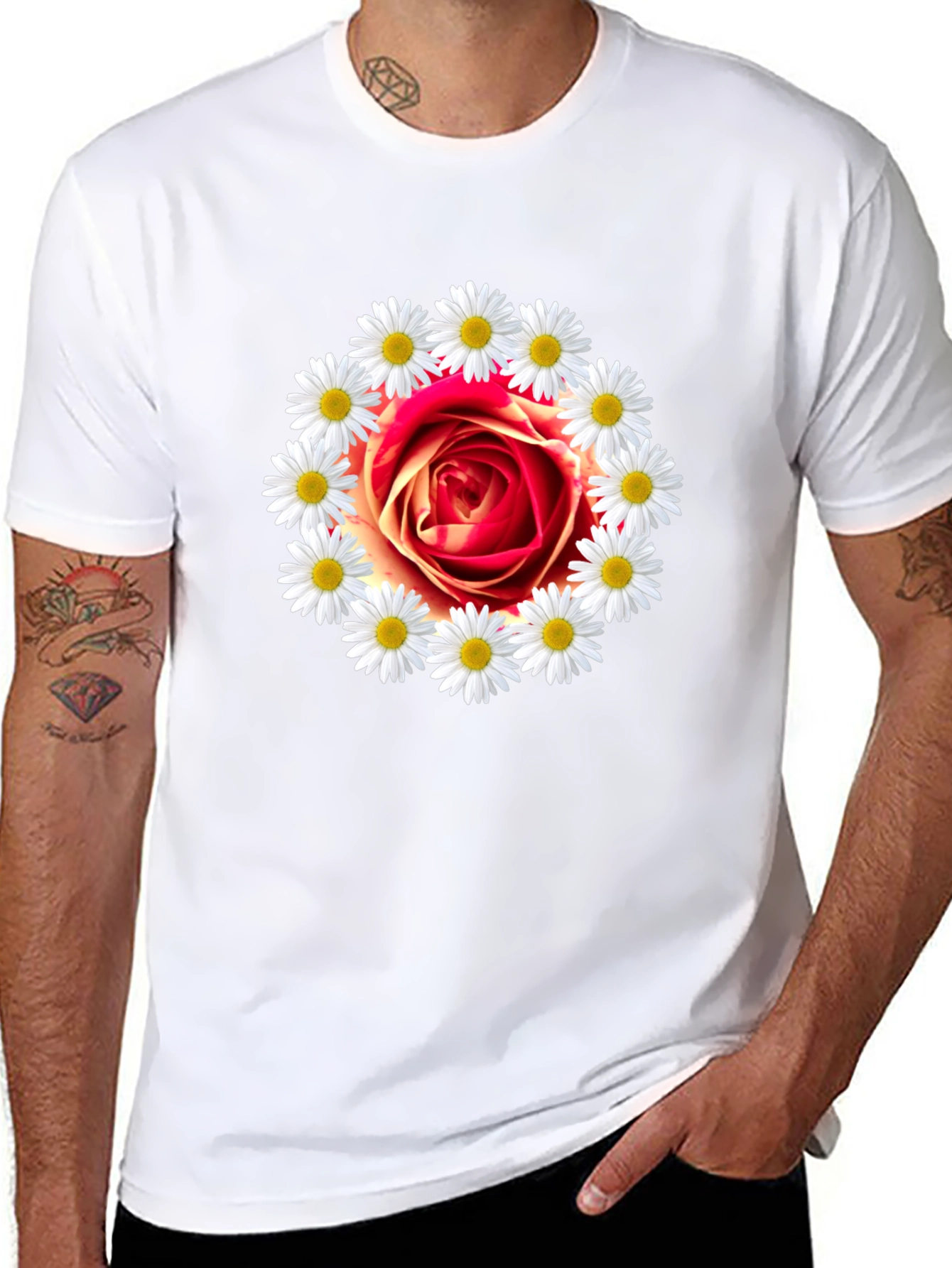 Rose and Daisy Graphic Tee - Black Cotton T-Shirt