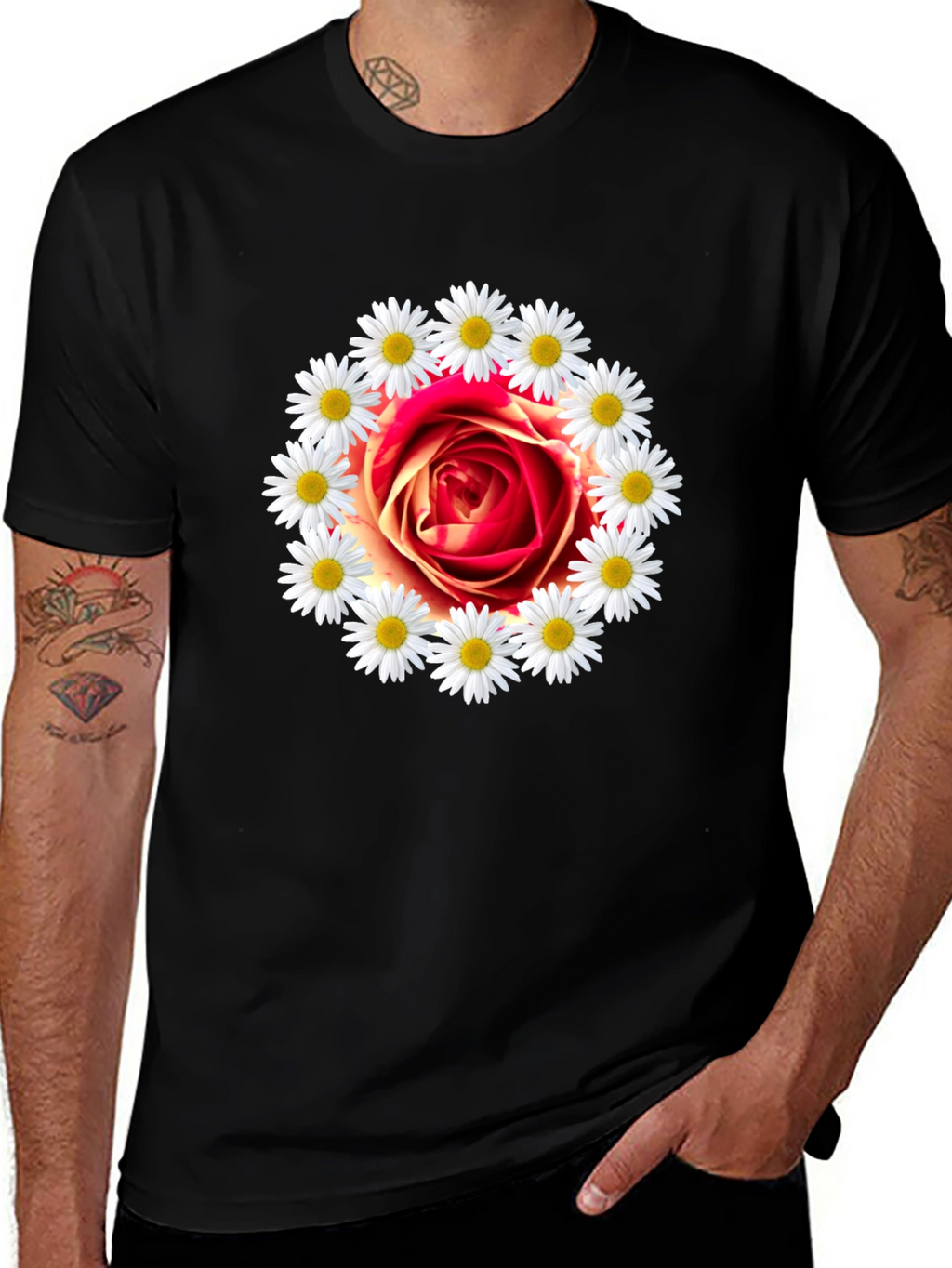 Rose and Daisy Graphic Tee - Black Cotton T-Shirt