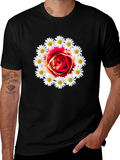 Rose and Daisy Graphic Tee - Black Cotton T-Shirt