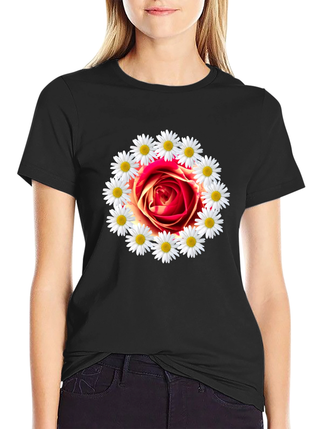 Rose and Daisy Graphic Tee - Black Cotton T-Shirt