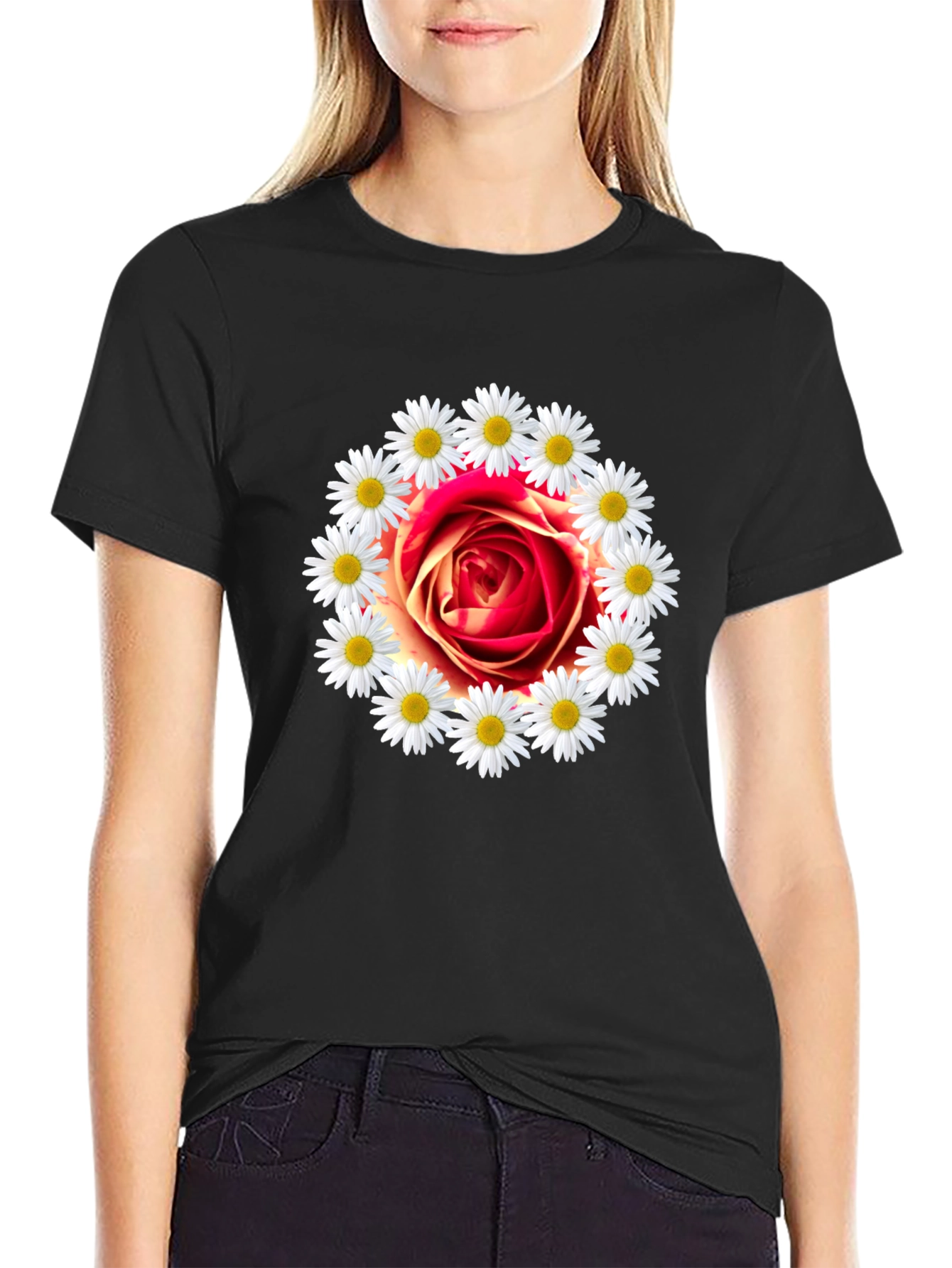 Rose and Daisy Graphic Tee - Black Cotton T-Shirt