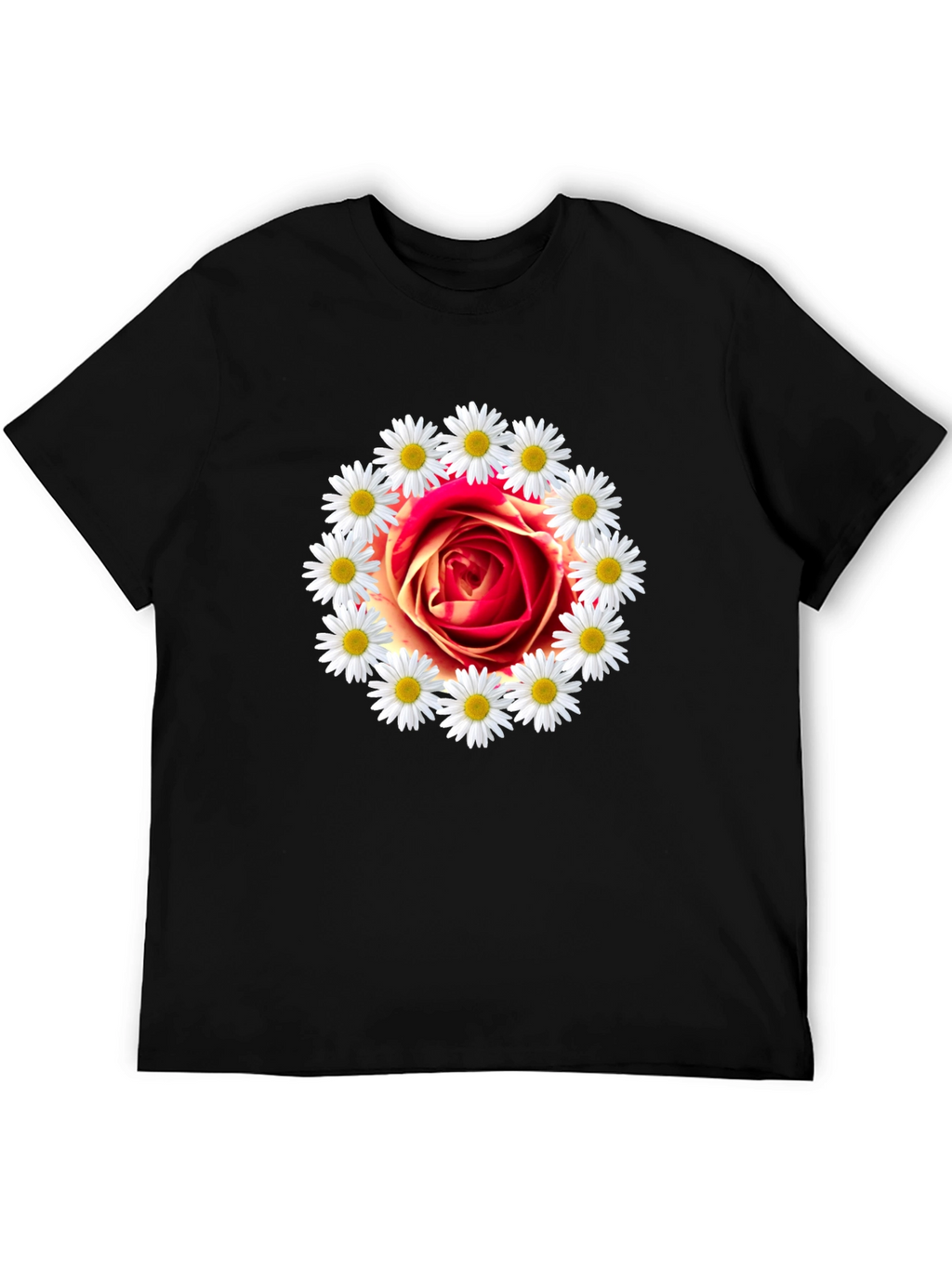 Rose and Daisy Graphic Tee - Black Cotton T-Shirt