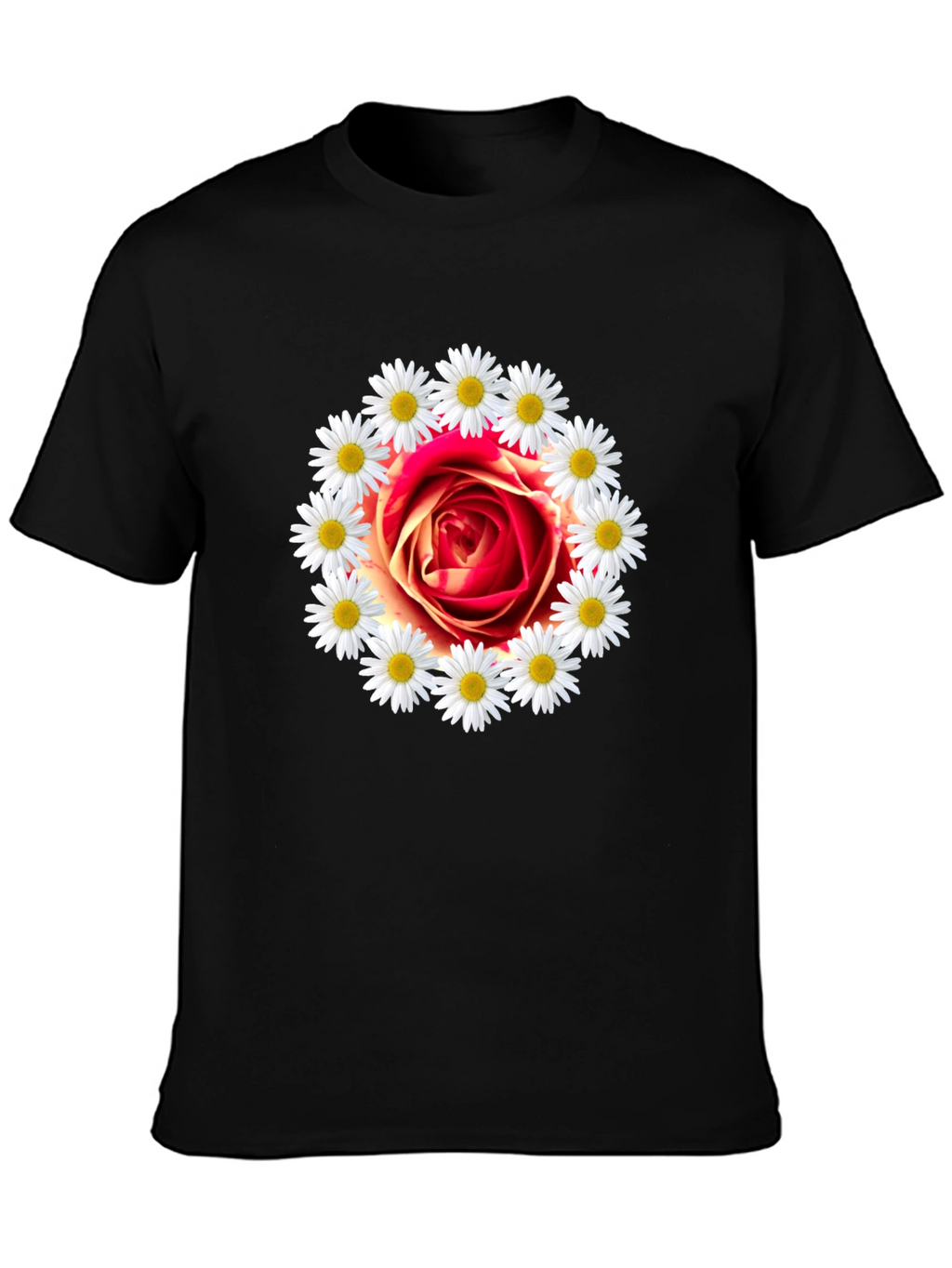 Rose and Daisy Graphic Tee - Black Cotton T-Shirt