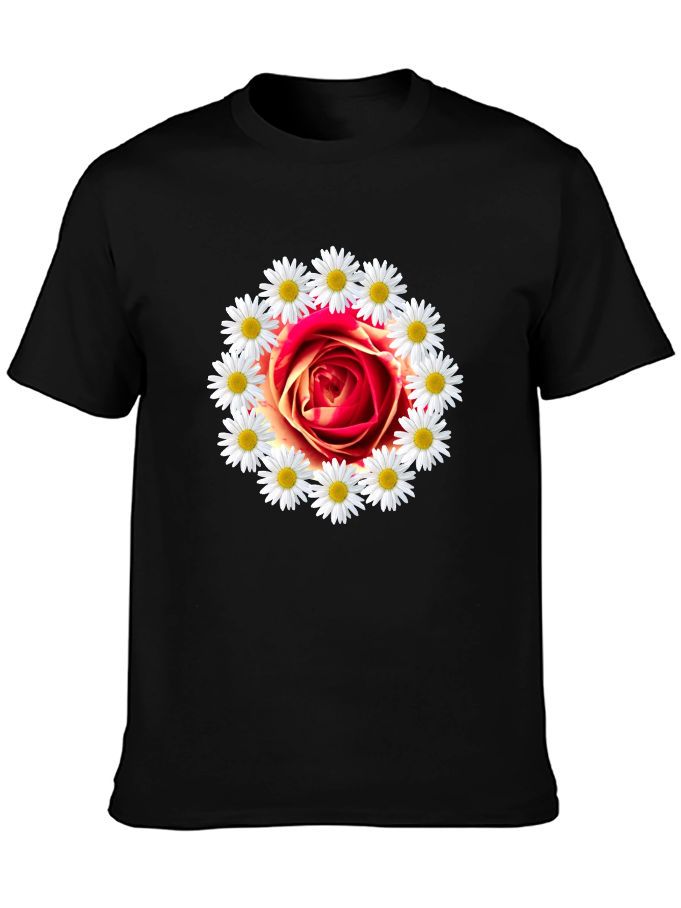 Rose and Daisy Graphic Tee - Black Cotton T-Shirt