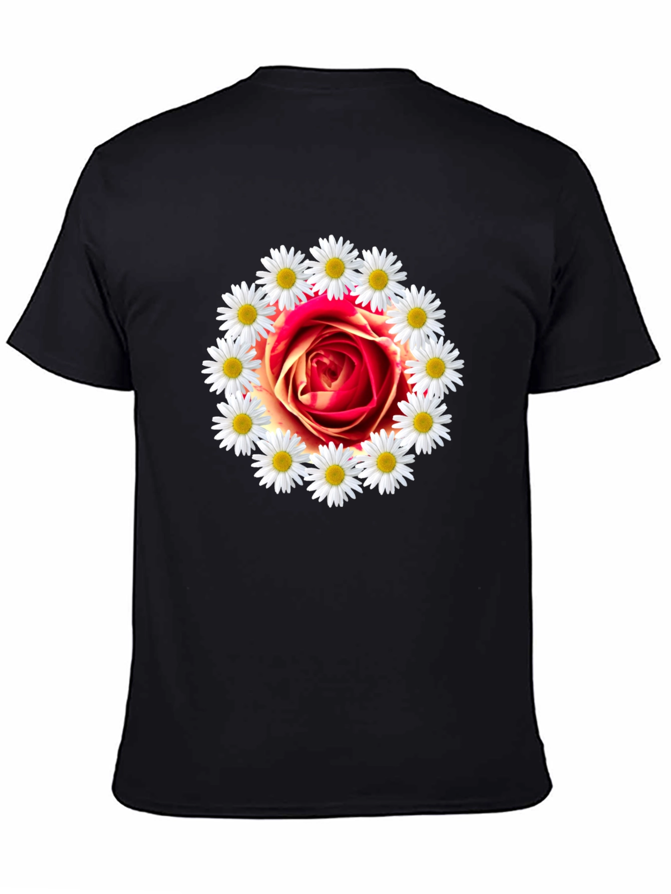 Rose and Daisy Graphic Tee - Black Cotton T-Shirt