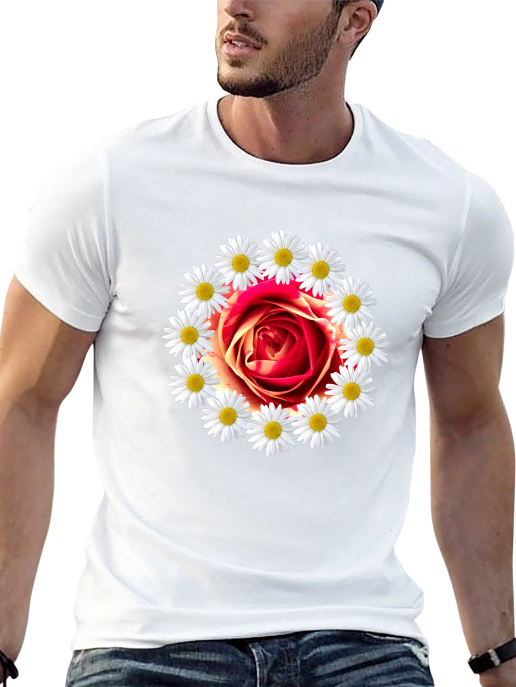 Rose and Daisy Graphic Tee - Black Cotton T-Shirt