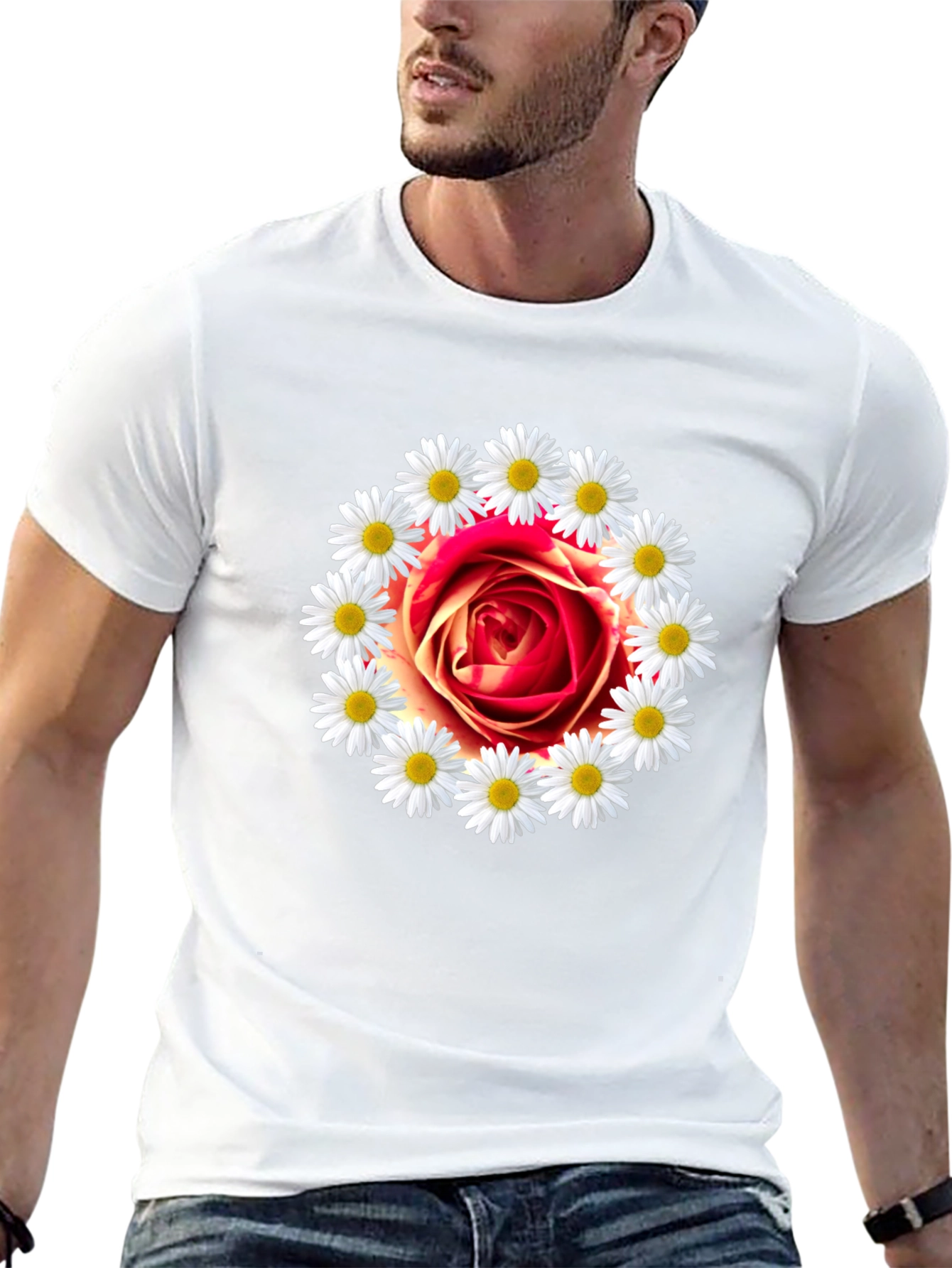 Rose and Daisy Graphic Tee - Black Cotton T-Shirt