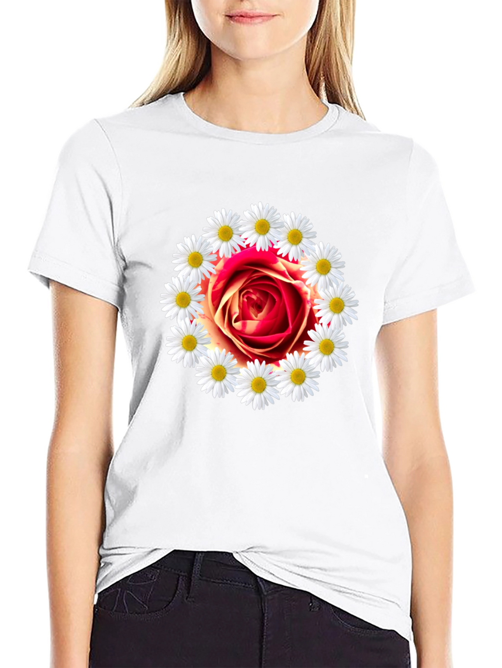 Rose and Daisy Graphic Tee - Black Cotton T-Shirt