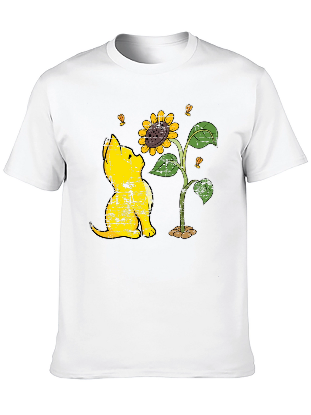 Cat & Sunflower Graphic T-Shirt - Casual Black Tee