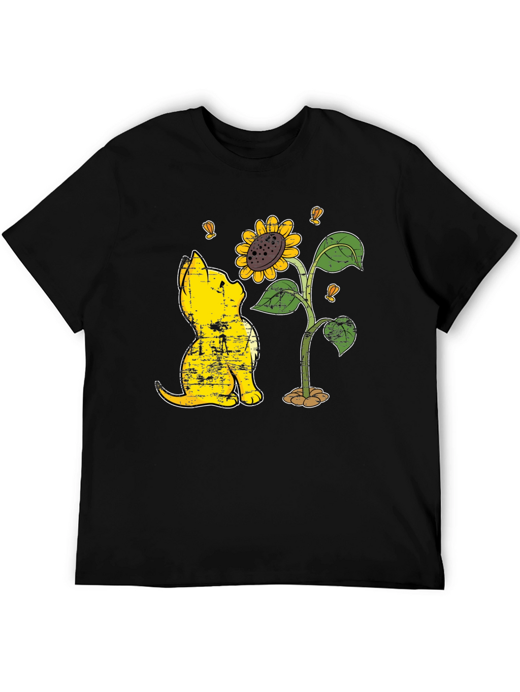 Cat & Sunflower Graphic T-Shirt - Casual Black Tee