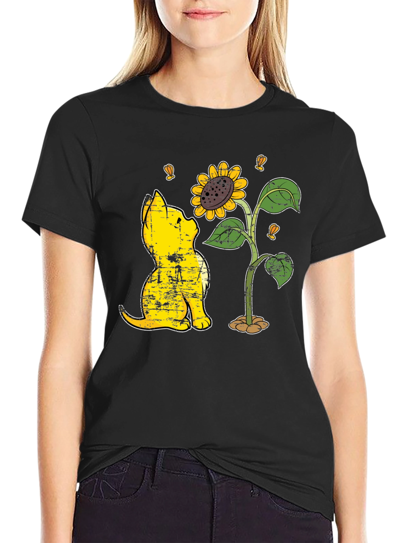 Cat & Sunflower Graphic T-Shirt - Casual Black Tee