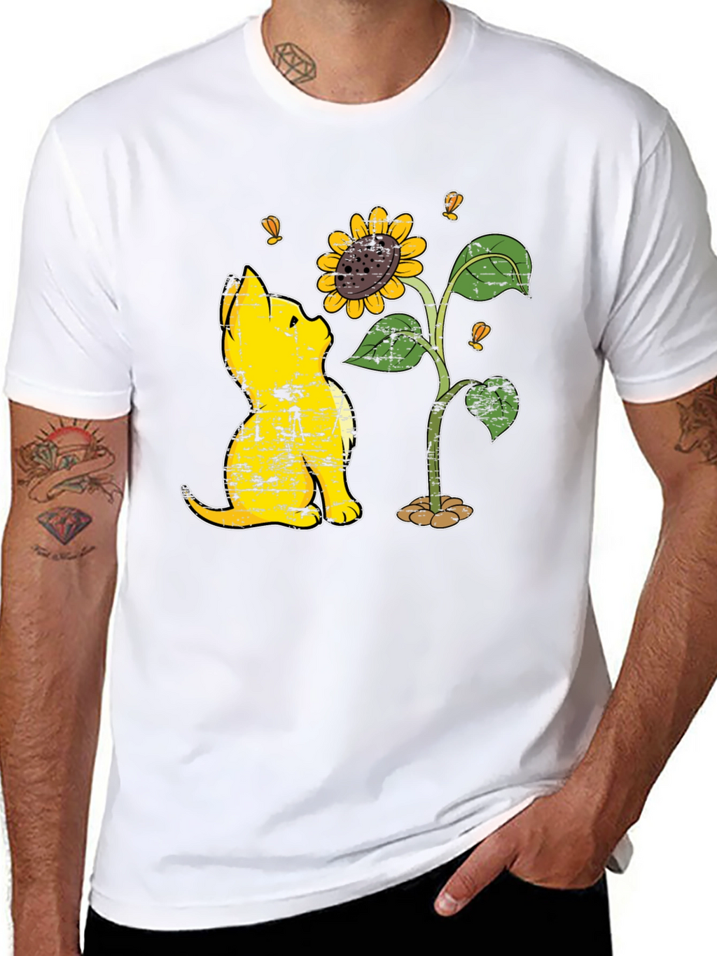 Cat & Sunflower Graphic T-Shirt - Casual Black Tee