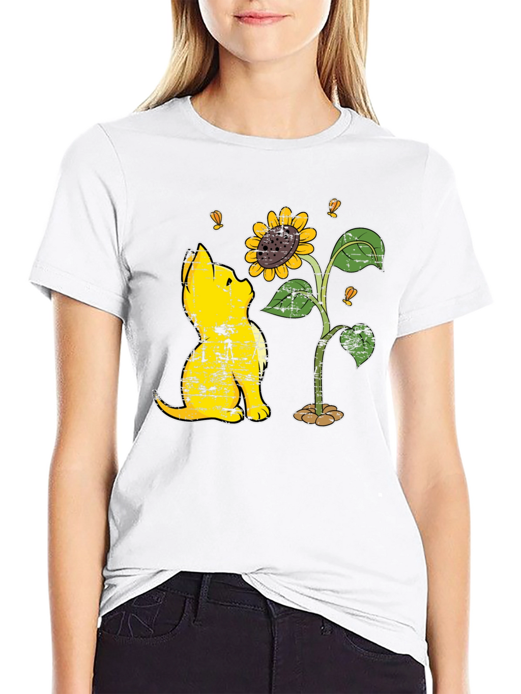 Cat & Sunflower Graphic T-Shirt - Casual Black Tee