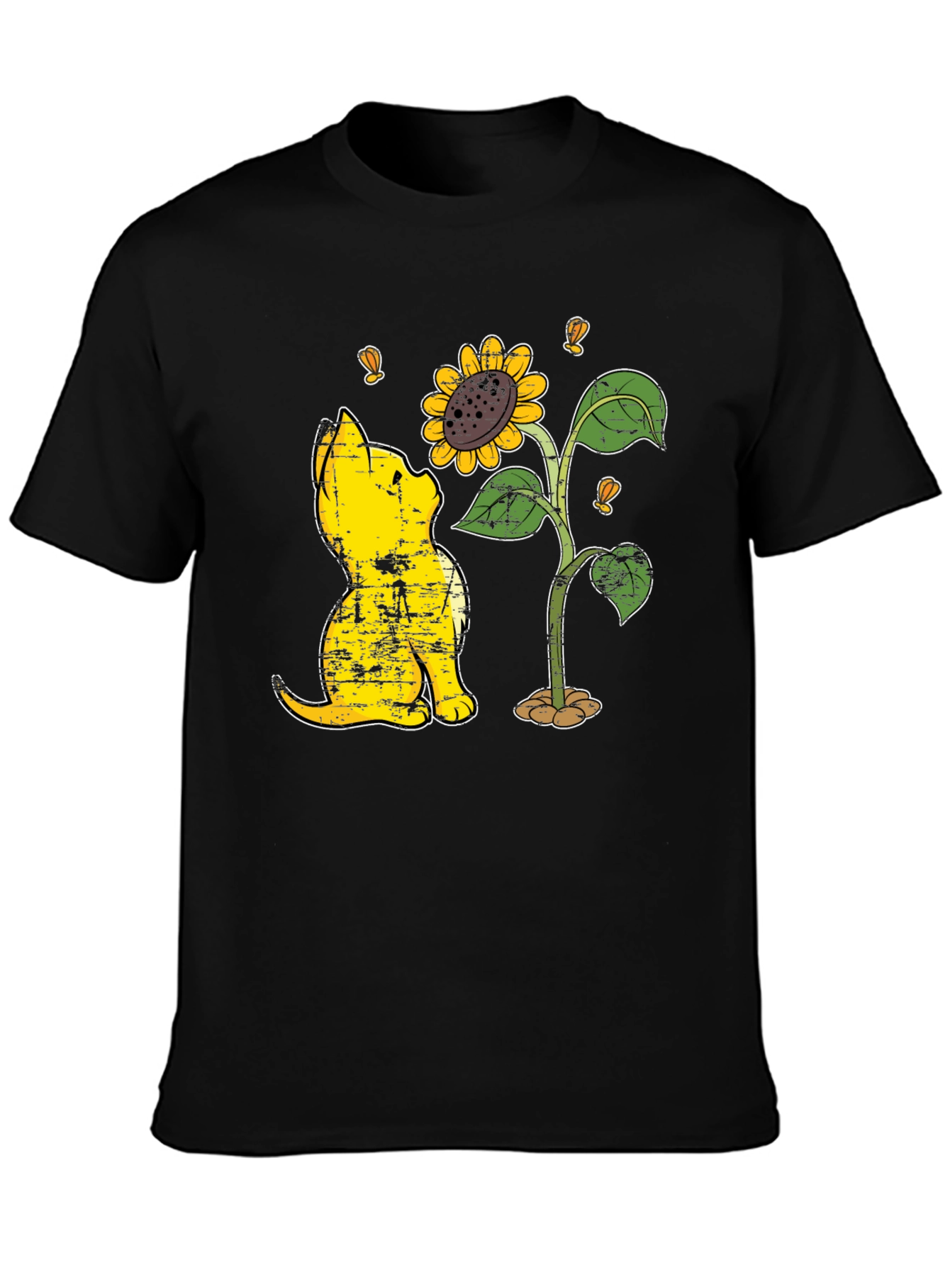 Cat & Sunflower Graphic T-Shirt - Casual Black Tee