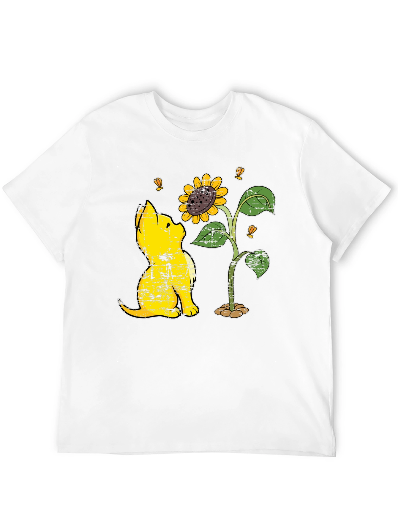 Cat & Sunflower Graphic T-Shirt - Casual Black Tee