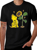 Cat & Sunflower Graphic T-Shirt - Casual Black Tee