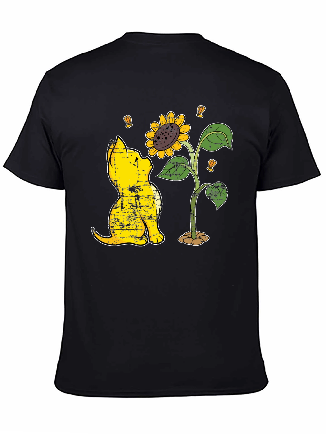 Cat & Sunflower Graphic T-Shirt - Casual Black Tee
