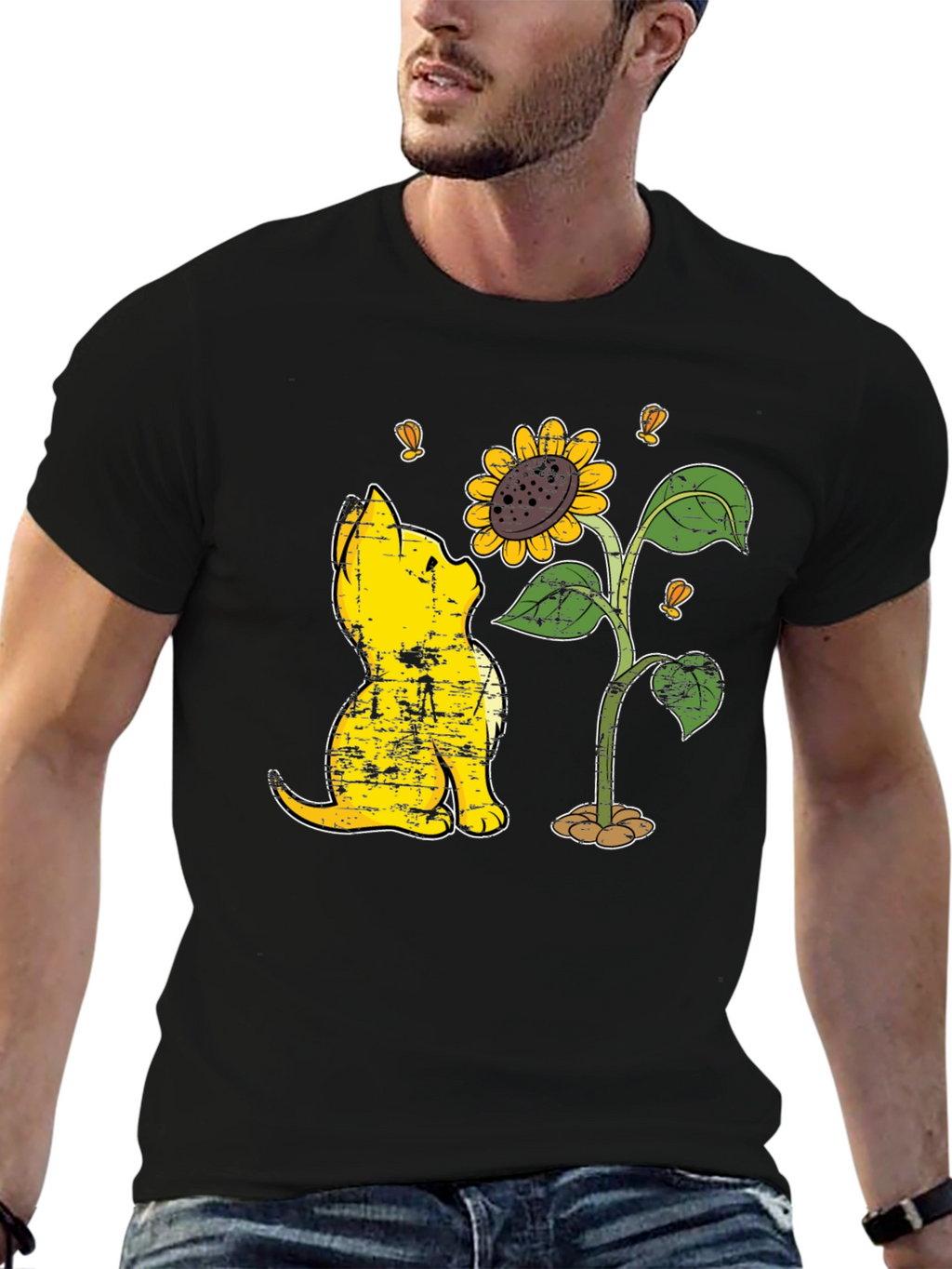 Cat & Sunflower Graphic T-Shirt - Casual Black Tee