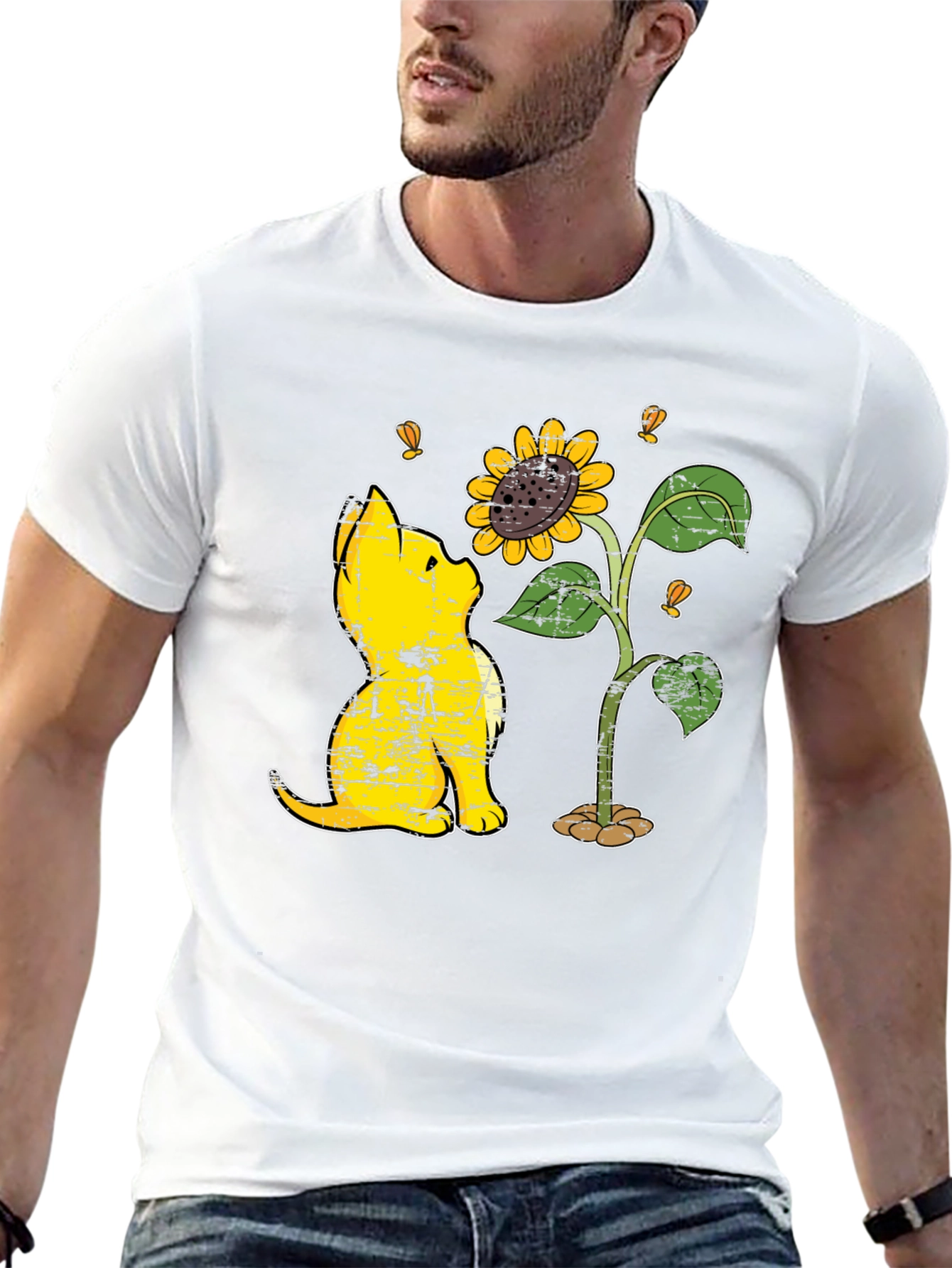 Cat & Sunflower Graphic T-Shirt - Casual Black Tee