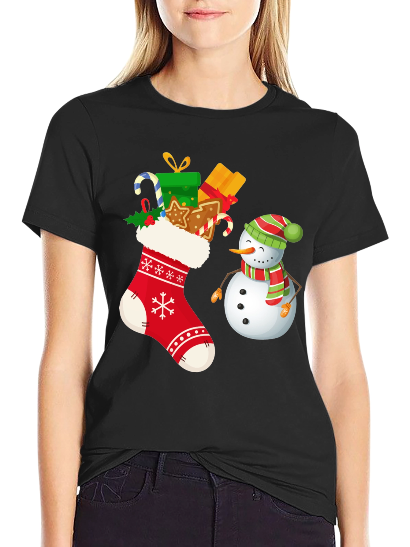 Festive Christmas Stocking & Snowman Graphic Tee