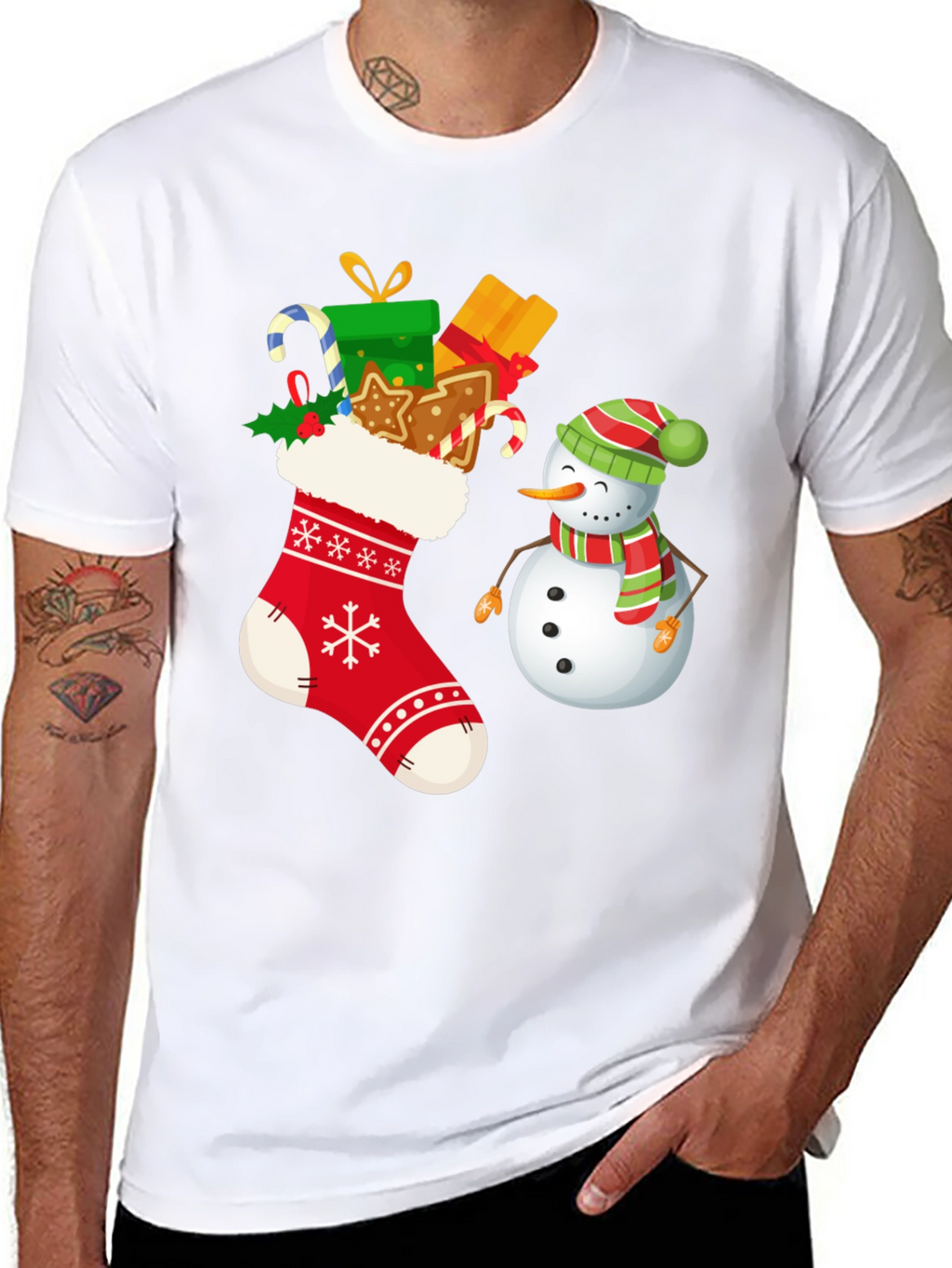 Festive Christmas Stocking & Snowman Graphic Tee