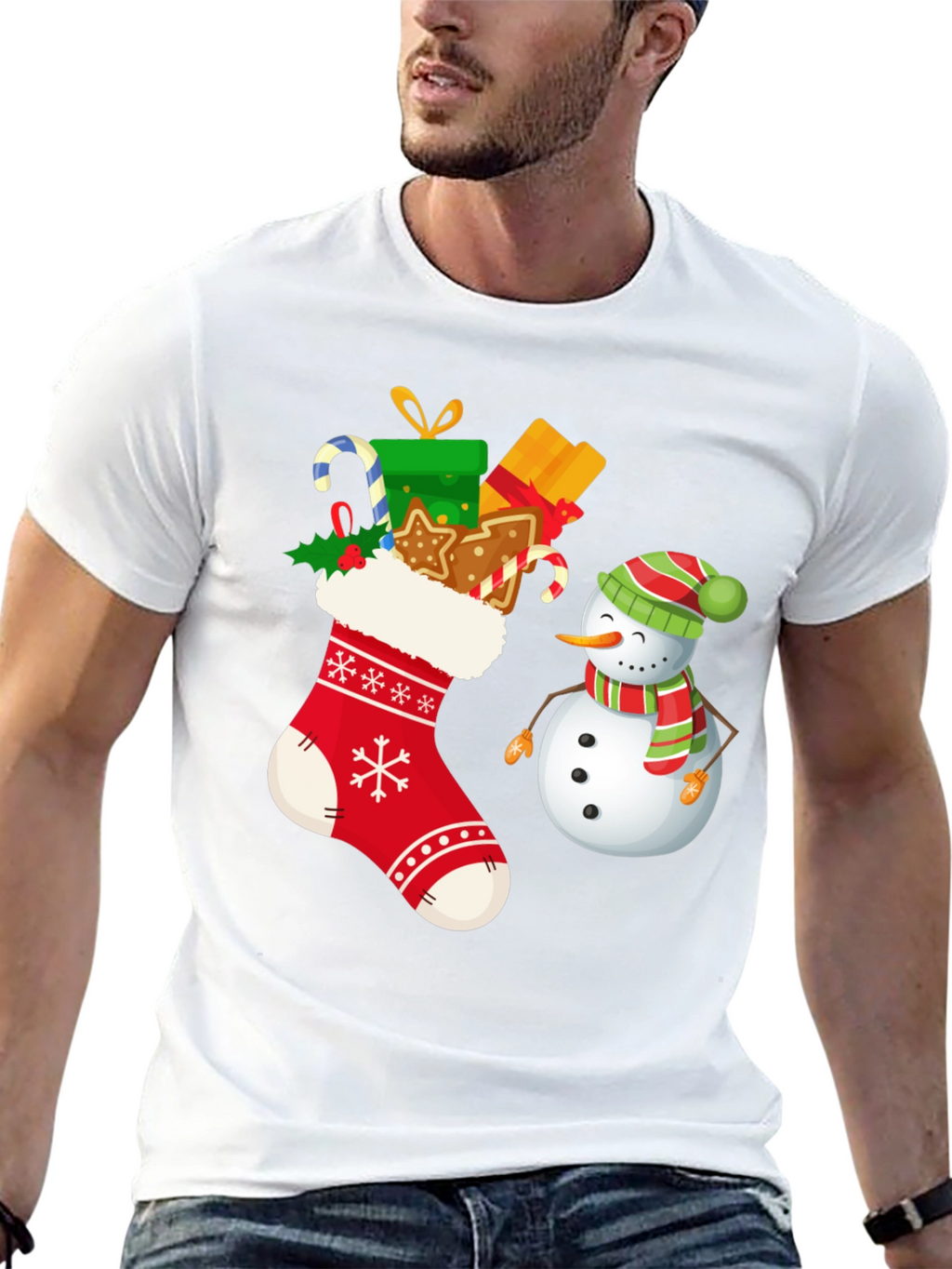 Festive Christmas Stocking & Snowman Graphic Tee