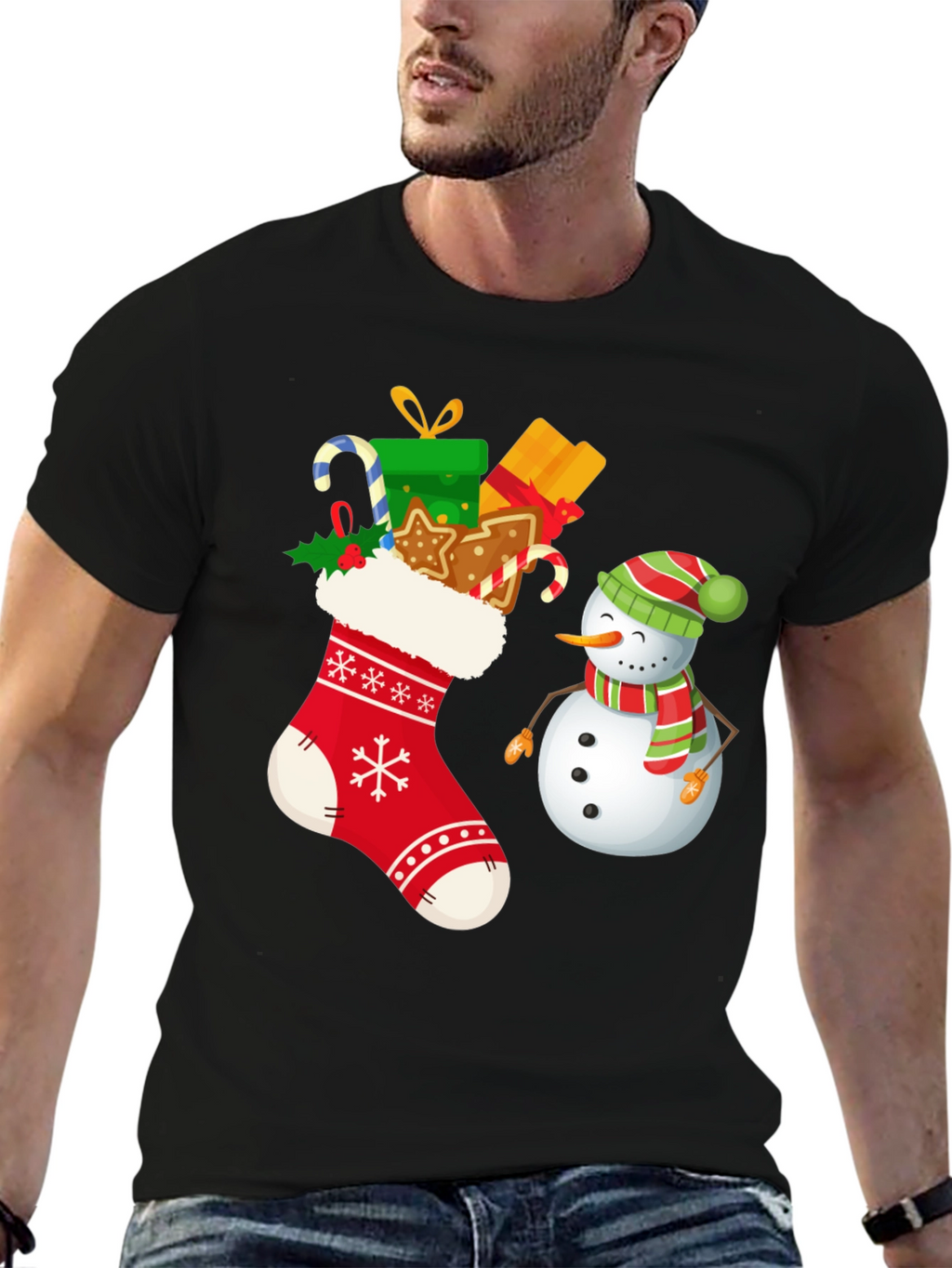 Festive Christmas Stocking & Snowman Graphic Tee
